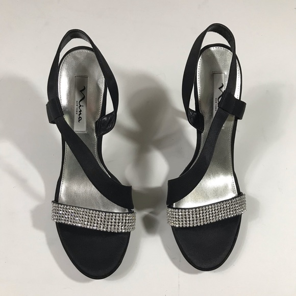 Nina Black Satin + Rhinestone Strappy High Heels - Picture 5 of 13